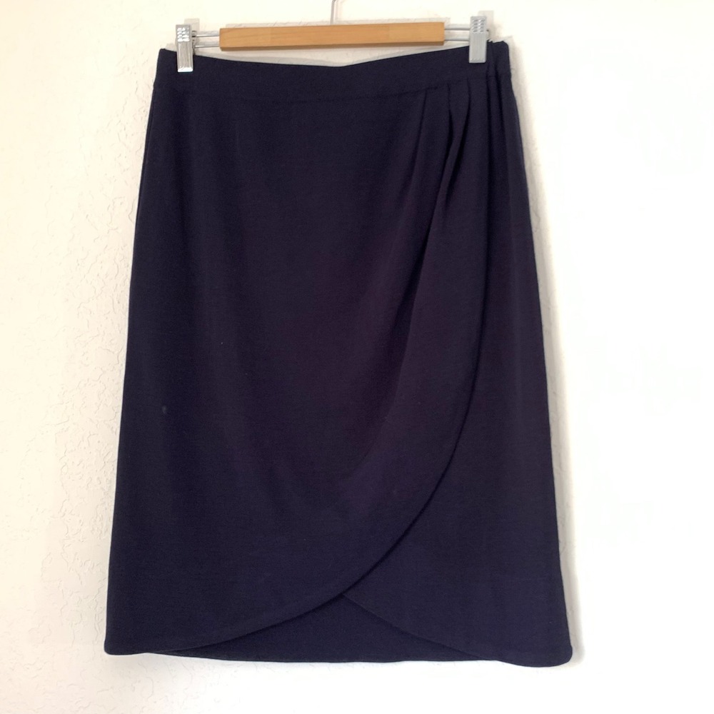 Misook Wrap Skirt Women Petite L Navy Blue Knit Tulip Pleated Professional Work